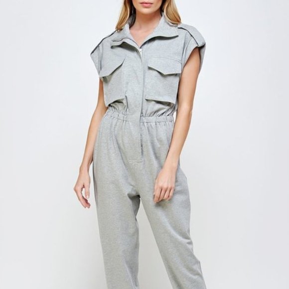 Strut & Bolt Pants - Jumpsuit with folded sleeves and cinched elastic waist in heather grey.